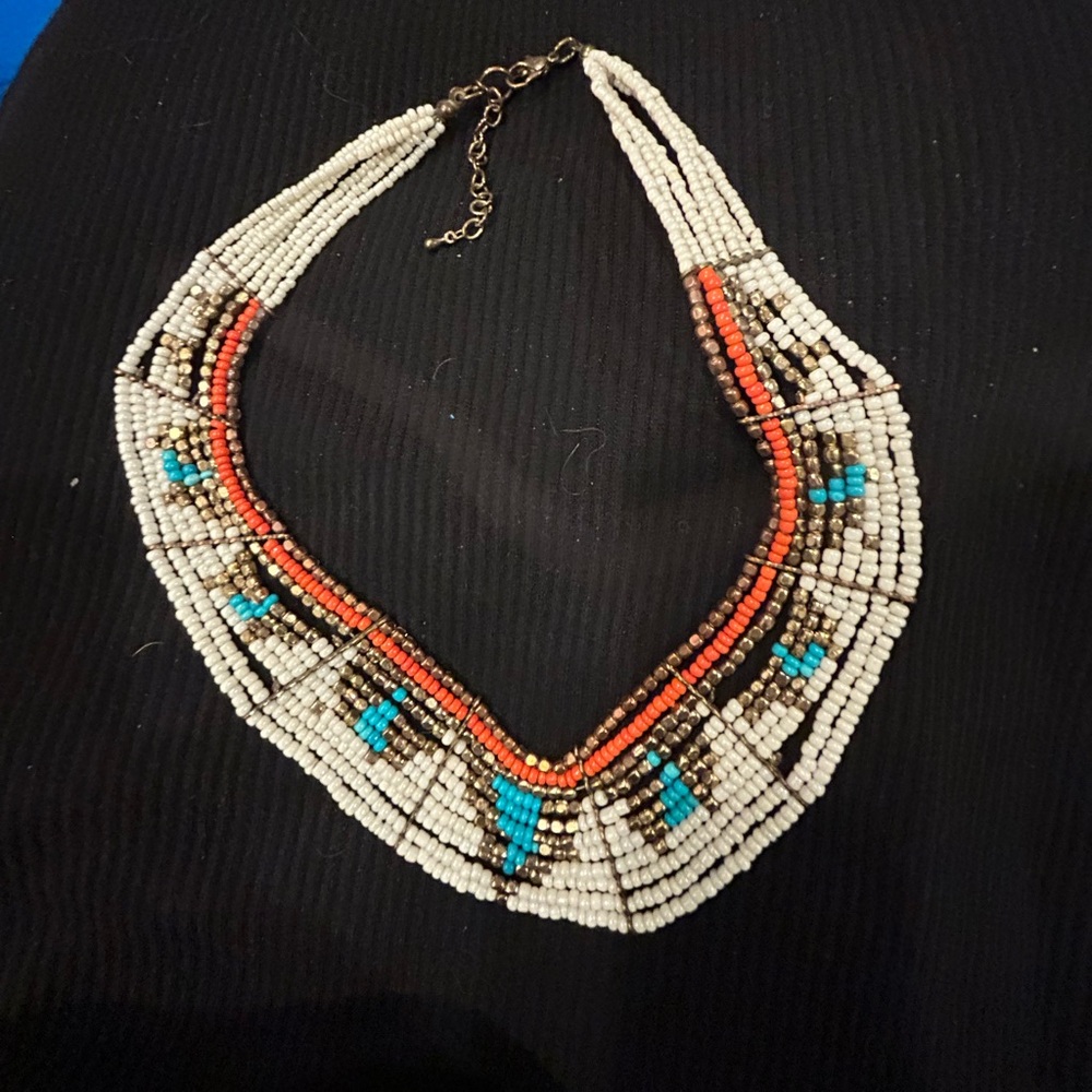Beaded Statement Necklace in White, Turquoise & Orange